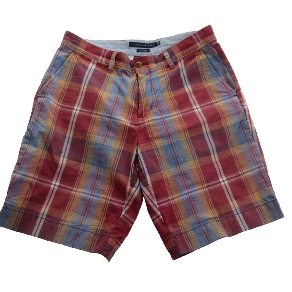 Tommy Hilfiger Shorts Mens 30 100% Cotton Classic Fit Casual Maroon Blue Plaid